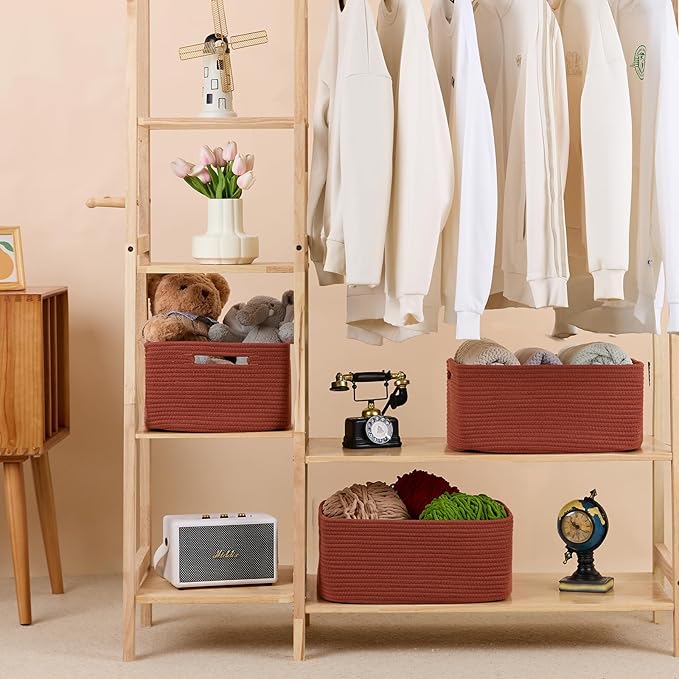 MiniArk Large Storage Baskets for Shelves, Closet Organizers Bins for Clothes Blanket Towels, Baby Nursery, Toy Baskets Box, Woven Rope Baskets, 17 x 13 x 7.5”, 3 Packs Oxide Red