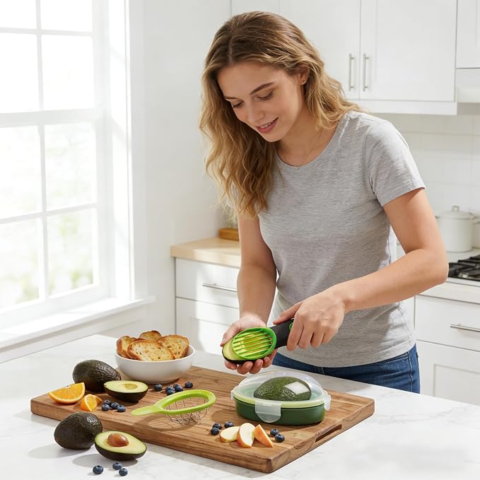 Avocado 3 Piece Set, Includes Avocado Slicer, Cutter and Airtight Storage Container, Dishwasher Safe Tool for Slicing, Dicing and Keeping Avocados Fresh