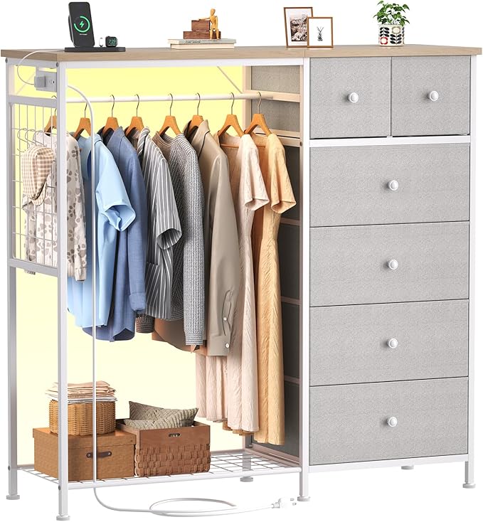 OLIXIS 6 Storage for Bedroom with Hanging Rack with LED Lights & Charging Station, Fabric Chest of Storage with Rack, Wooden Top, for Home Living Room Entryway Light Grey