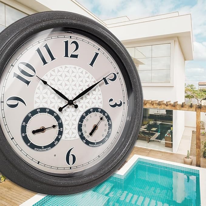 Presentime & Co. 18 Inch Illuminated Outdoor Clock, Waterproof Lighted Large Wall Clock with Thermometer & Hygrometer, Elegant & Vintage Home Decor for Garden, Patio, Pool, Grey Stone Finish