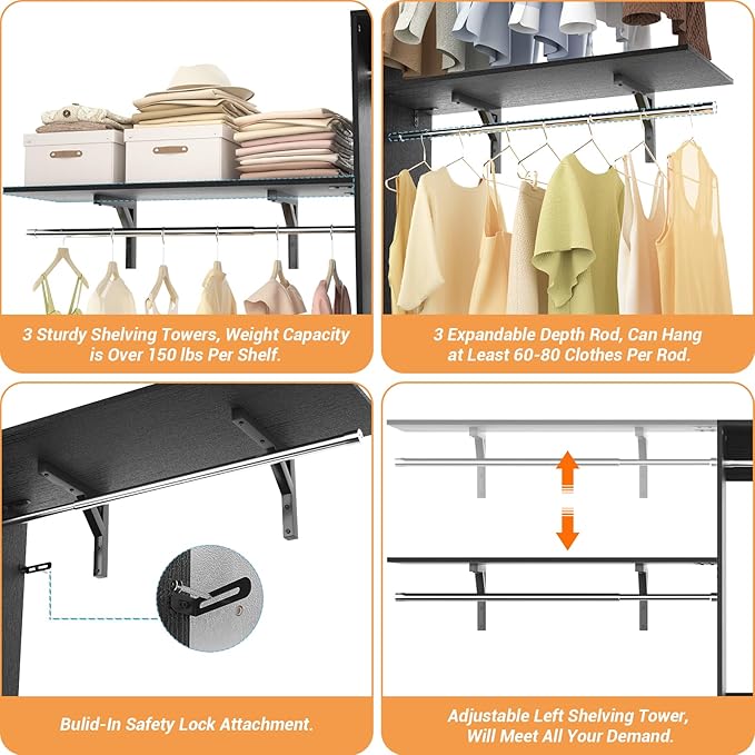 Armocity 96'' Closet System, 8FT Walk In Closet Organizer with 3 Shelving Towers, Heavy Duty Bedroom Wardrobe with 5 Shelves, Wall Mounted Clothes Rack (Can Be Cut To Fit), 96"L x16"W x75"H, Black