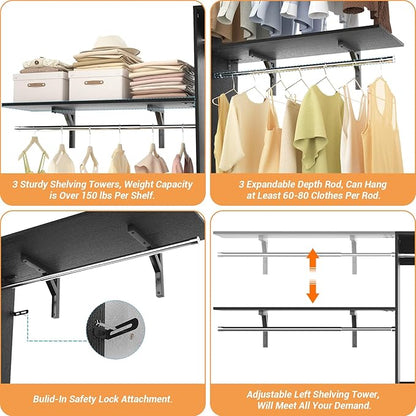 Armocity 96'' Closet System, 8FT Walk In Closet Organizer with 3 Shelving Towers, Heavy Duty Bedroom Wardrobe with 5 Shelves, Wall Mounted Clothes Rack (Can Be Cut To Fit), 96"L x16"W x75"H, Black
