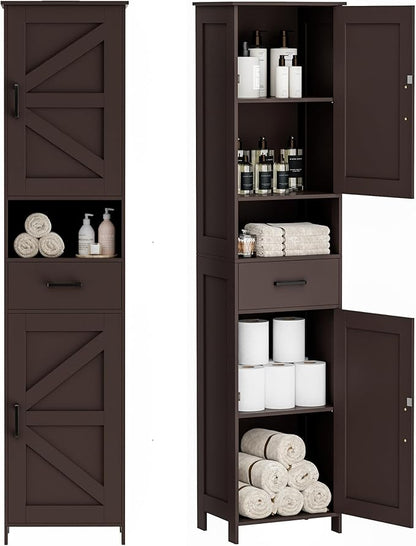 Homhedy 67" H Tall Bathroom Storage Cabinet with 2 Barn Doors and 1 Drawer, Narrow Storage Unit, Adjustable Shelves, Floor Cabinet for Bathroom, Living Room, Entryway, Kitchen, Brown, (15.7" W)
