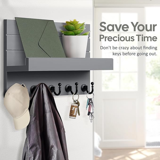 Key and Mail Holder for Wall: Rustic Key Hanger Key Rack Organizer with 5 Sturdy Key Hooks for Entryway Bedroom Kitchen House Decor (Grey)