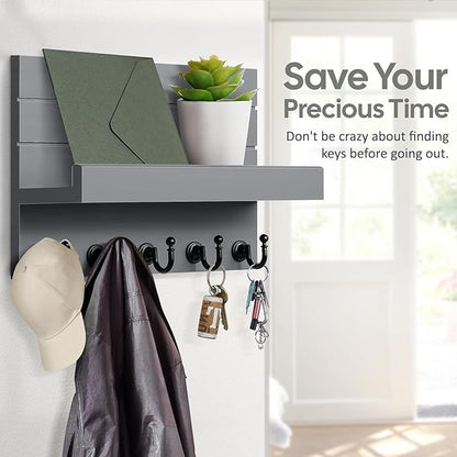 Key and Mail Holder for Wall: Rustic Key Hanger Key Rack Organizer with 5 Sturdy Key Hooks for Entryway Bedroom Kitchen House Decor (Grey)