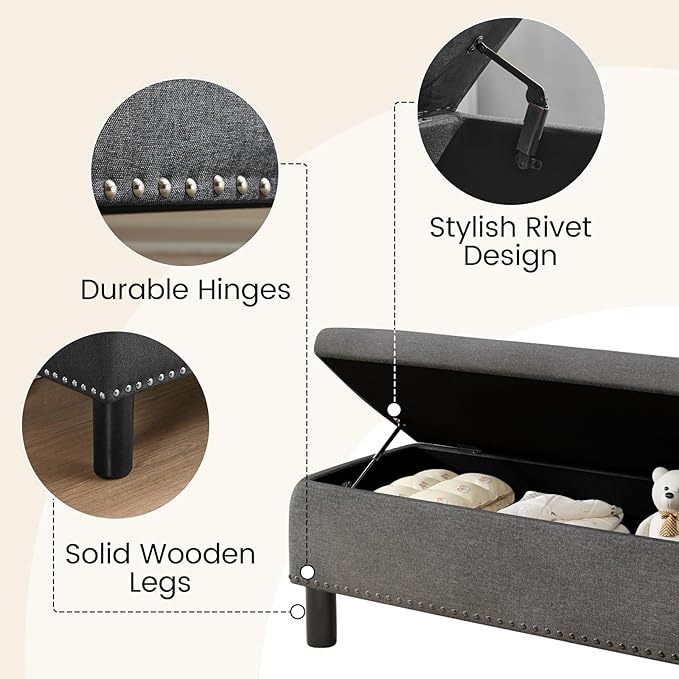 Furniliving Storage Bench, Upholstered Linen Ottoman Bench with Button-Tufted, Folding Bedroom Bench with Wood Legs, Entryway Bench for Bedroom, Grey