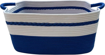 Decorative laundry basket with handles woven from natural cotton rope storage blankets for living room cute boho quilted gift baskets for clothes pillows toys 20"x14"x10",white/blue