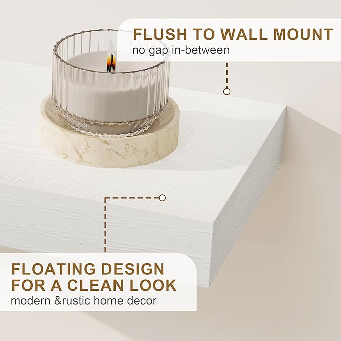 Fun Memories 66 Inch Fireplace Mantel - Long Floating Shelf, Wall Mounted Farmhouse Display with Invisible Heavy Duty Metal Bracket, White, 2 Pack