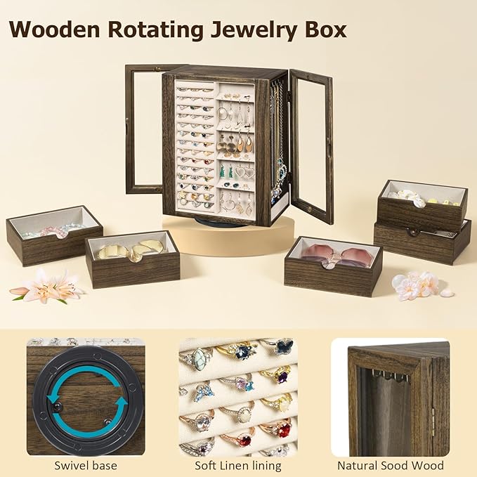 Emfogo 360° Rotating Jewelry Box for Women, Rustic Wooden Jewelry Organizer Box with 5 Drawers, Glass Doors, Vertical Open Design Jewelry Storage Case Display for Earrings Rings Necklaces Bracelets
