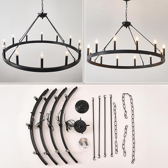 40 Inch Black Wagon Wheel Chandelier, 12-Lights Farmhouse Industrial Round High Ceiling Pendant Light Adjustable Chain for Outdoor Porch,Foyer,Dining Room, Living Room