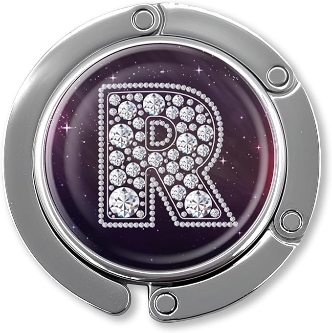 Funny Diamond Initial Purse Hook Gifts - Silver Diamond Letter R - Foldable Purse Holder for Table - Round Handbag Hanger for Women - Birthday Gifts for Family, Coworker, Friend, Boss Lady