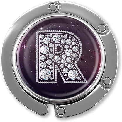 Funny Diamond Initial Purse Hook Gifts - Silver Diamond Letter R - Foldable Purse Holder for Table - Round Handbag Hanger for Women - Birthday Gifts for Family, Coworker, Friend, Boss Lady
