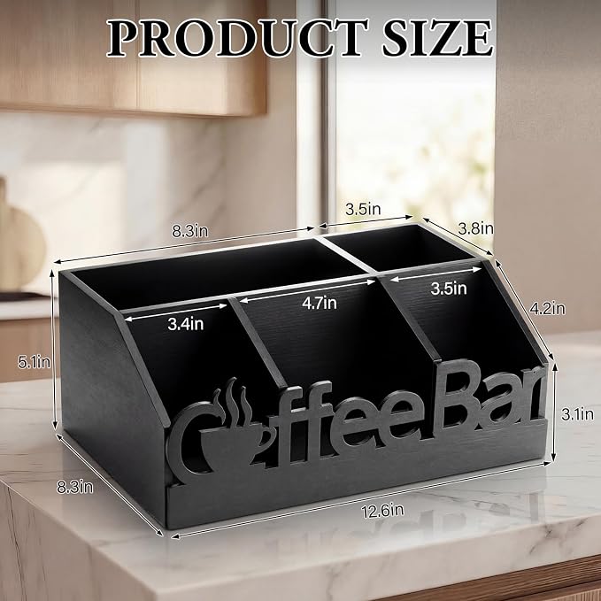 Coffee Station Organizer for Counter Wood Countertop Accessories Organizer Coffee Pods Holder Storage Basket for Pods Condiment Syrup Tea Cups Stirrers for Rustic Bar Decoration (Black)