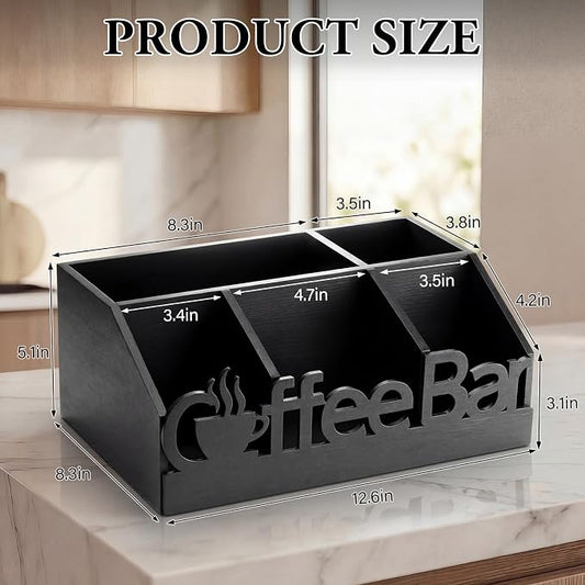 Coffee Station Organizer for Counter Wood Countertop Accessories Organizer Coffee Pods Holder Storage Basket for Pods Condiment Syrup Tea Cups Stirrers for Rustic Bar Decoration (Black)