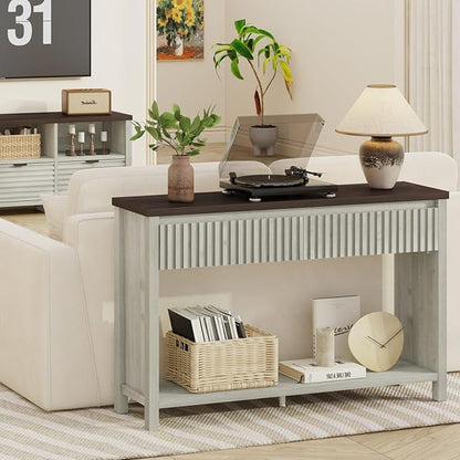 BON AUGURE Entryway Table with Storage, 47In Console Table with 2 Drawers, Two-Tier Sofa Console Tables for Living Room, Modern Hallway Tables, Walnut and Washed Grey Oak