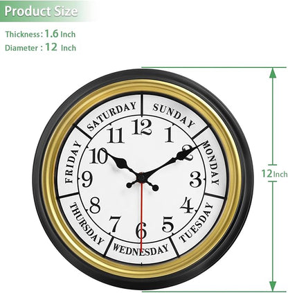 45MinST 12 Inches Retro Wall Clock,Day of The Week Wall Clock,Calendar Day Clock,Silent Non Ticking Battery Operated Movement(Gold)