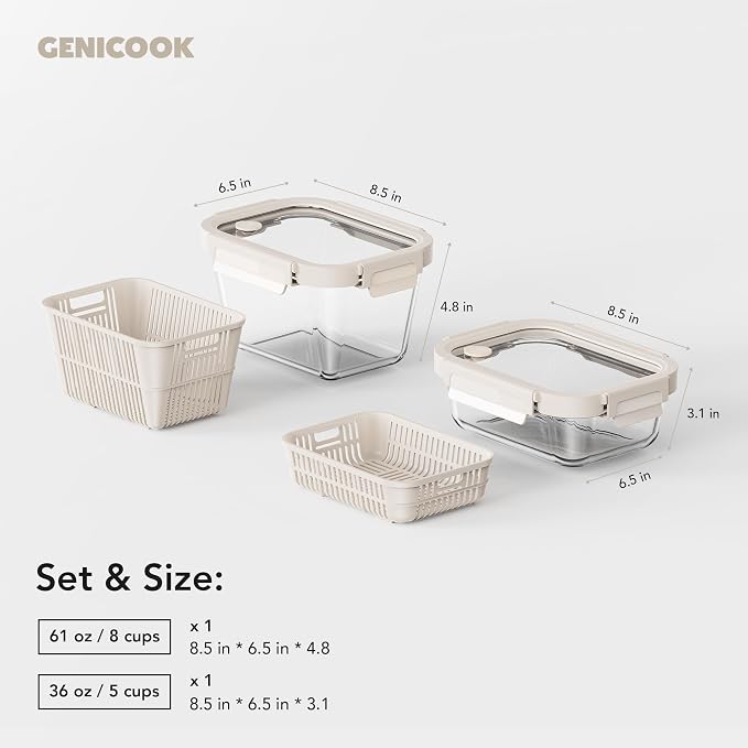 GENICOOK Glass Fruit Storage Containers for Fridge, 2 Pack Produce Containers with Removable Colanders & Vent Glass Lids, Airtight Fruit & Vegetable Storage, BPA Free Borosilicate Glass