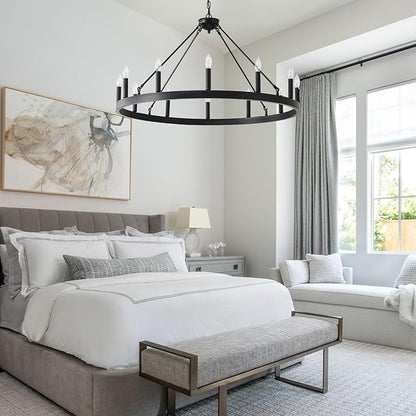 40 Inch Black Wagon Wheel Chandelier, 12-Lights Farmhouse Industrial Round High Ceiling Pendant Light Adjustable Chain for Outdoor Porch,Foyer,Dining Room, Living Room