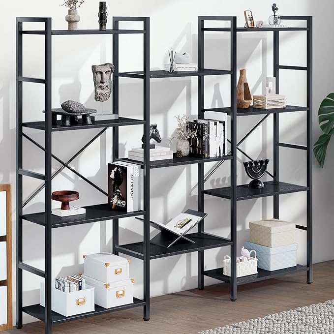 GRUSIGN Triple 4 Tier Book Shelf, Modern Bookcase Shelf, Freestanding Large Display Shelves for Living Room/Office/Garage, Stable Large Bookshelf with Storage for Books/Lego/Plants, Black