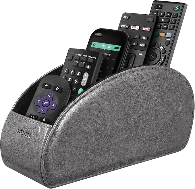 SITHON Remote Control Holder with 5 Compartments - PU Leather Remote Caddy Desktop Organizer Store TV, DVD, Blu-Ray, Media Player, Heater Controllers, Dark Gray