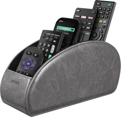 SITHON Remote Control Holder with 5 Compartments - PU Leather Remote Caddy Desktop Organizer Store TV, DVD, Blu-Ray, Media Player, Heater Controllers, Dark Gray