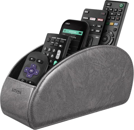 SITHON Remote Control Holder with 5 Compartments - PU Leather Remote Caddy Desktop Organizer Store TV, DVD, Blu-Ray, Media Player, Heater Controllers, Dark Gray
