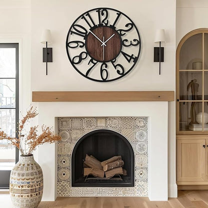 Maxstar Large Round Wall Clock for Living Room Decor Battery Operated Non Ticking Black Metal Wood Clocks for Home Living Room Garden Farmhouse Office Kitchen Decoration -24 inch