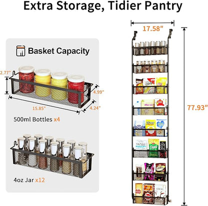 Over the Door Pantry Organizer, 8-Tier Pantry Door Organization and Storage, Over the Door Spice Rack, Home & Kitchen Storage Shelves for Cabinet, Black