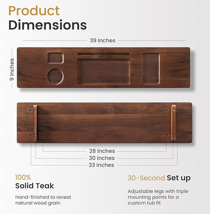 Teak Bathtub Tray for Freestanding Bath, 39" Extra Thick Adjustable Spa Caddy - Non-Slip Anti-Tip Wood Organizer for iPad, Wine & Book - Rich Walnut Brown Finish, Perfect Self-Care Gift