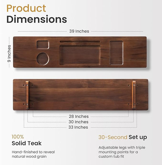 Teak Bathtub Tray for Freestanding Bath, 39" Extra Thick Adjustable Spa Caddy - Non-Slip Anti-Tip Wood Organizer for iPad, Wine & Book - Rich Walnut Brown Finish, Perfect Self-Care Gift