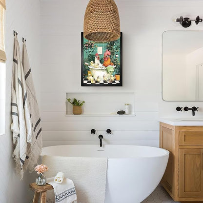 Funny Chicken Bathing And Playing Bathroom Wall Decor-Cute Poultry Farmhouse Decor, Framed Animal Wall Decor For Bathroom Washroom Restroom Decor Rustic Humor Wall Poster (Black Framed) 12x18 Inch