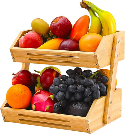 VIKEYHOME Fruit Basket, 2 Tier Bamboo Fruit Basket for Kitchen, 11" Tall Fruit Stand Storage Holder, Heavy Duty/Large Capacity for Vegetables, Fruit, and Snack, 15 mm Thickness (Self-assembly)
