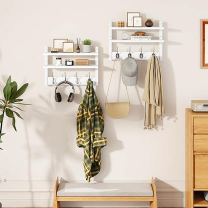 YMYNY Coat Rack Wall Mount with Shelf, Two-Tier Wall Shelf Mounted with 8 Hooks, Wooden Wall Coat Rack for Entryway, Bedroom for Hanging Clothes/Coats/Keys/Hats/Towels, White, HWS009W-2