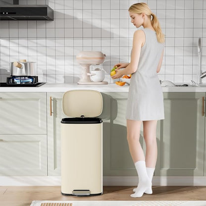 Arlopu 8/13.2 Gallon Step Trash Can, Stainless Steel Garbage Bin, Soft-Close Rubbish Bin with Removable Plastic Inner Bucket, Fingerprint-Proof, Lid Dustbin, Suit for Kitchen (Beige, 50L)
