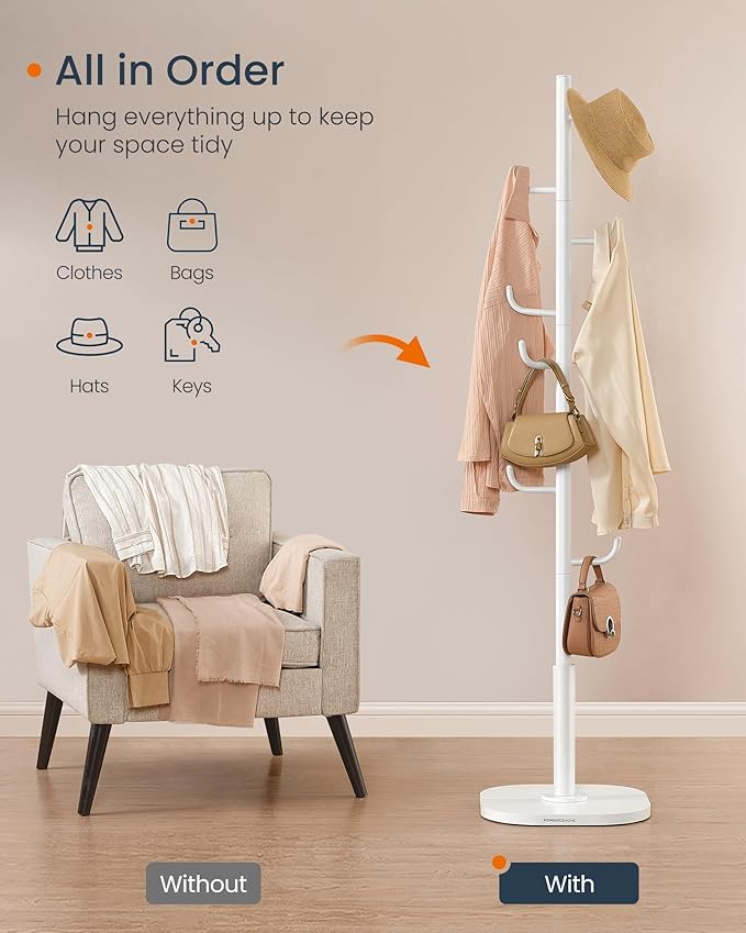 SONGMICS HOME Cactus-Shaped Coat Rack, Freestanding Coat Tree, Coat Hanger Stand with 8 Sturdy Hooks, with Curved Ends, for Clothes, Hats, Bags, Cloud White URCR039W01