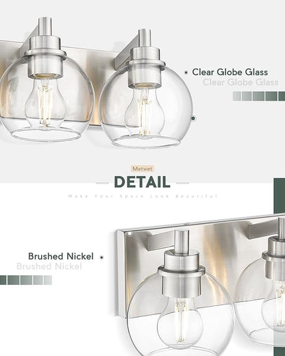 Bathroom Light Fixtures, 3-Light Brushed Nickel Vanity Light, Modern Wall Sconces with Globe Clear Glass Shade, Vanity Lighting Fixtures Over Mirror, VL195-BN-CL-3