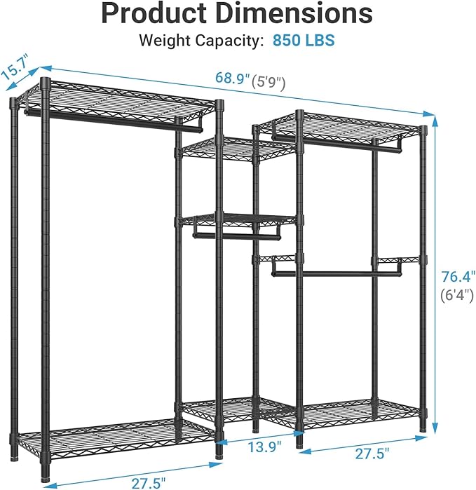 VIPEK Classic V6 Wire Garment Rack Heavy Duty Clothes Racks with Shelves, Freestanding Portable Wardrobe Closet Rack for Hanging Clothes Closet System 68.9" L x 15.7" W x 76.4" H, Load 850LBS, Black
