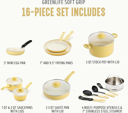 GreenLife 16 Piece Nonstick Cookware Set, Soft Grip Non-Toxic PFAS-Free Ceramic Pots & Pans, Dishwasher & Oven Safe, Frying, Sauce, Saute, Utensils, Glass Lids, Stay-Cool Handles, Wobble Free, Yellow