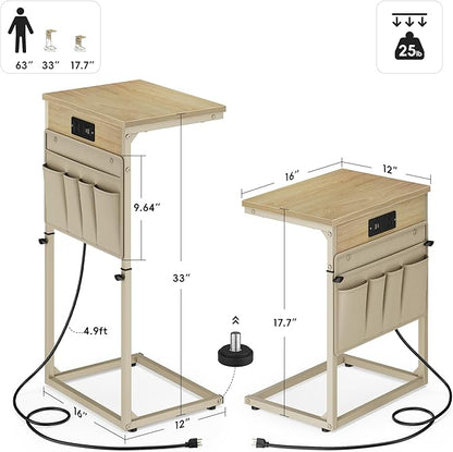 Vagusicc C Shaped End Table with Charging Station, 33" Tall Side Table for Couch, Sofa Table Adjustable Height Small Couch Side C Table, Slide Under Sofa Tray Table for Living Room, Bedroom, Natural