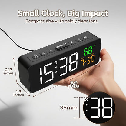 Netzu 3-in-1 Digital Clocks for Living Room with Temperature, Date & Time Display - 4 Levels Birghtness, 3 Volumes, Small & Compact Plug-in Alarm Clock for Bedroom, Office (Black)