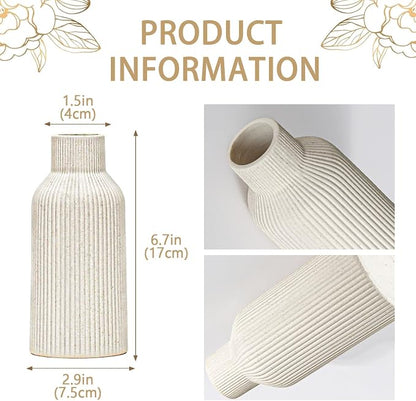 Bohemian Beige Ceramic Vase - for Pampas Grass, Mantel, Bookshelf, Entryway and Living Room Decor (Beige, 7in)