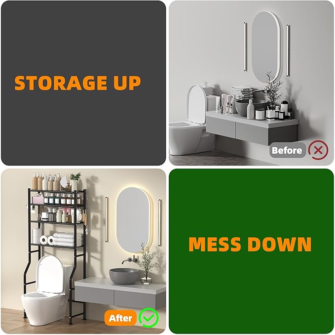 4-Tier Over The Toilet Storage, Space Saver Metal Bathroom Shelves, Freestanding Above Over Toilet Storage Shelf with 4 Hooks for Bathroom, Black