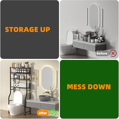 4-Tier Over The Toilet Storage, Space Saver Metal Bathroom Shelves, Freestanding Above Over Toilet Storage Shelf with 4 Hooks for Bathroom, Black