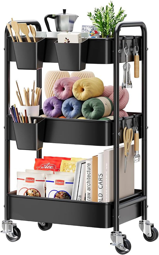 3 Tier Rolling Cart Metal with Wheels, Black Three Tiered Art Cart Organizer on Wheels, Storage Utility Trolley Carts for Kithcen, Craft, Nail, Lash, Makeup, Salon,Bedside, Bathroom, Office, Snack