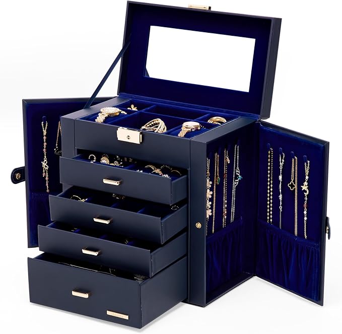 Homde Mothers Day Gifts Synthetic Leather Huge Jewelry Box Mirrored Watch Organizer Necklace Ring Earring Storage Lockable Gift Case (Dark Blue + Gold)