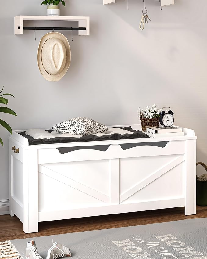 39.4" Storage Chest, Extra Large Storage Trunk with 2 Hinges, Wooden Box Bench, Lift-Top Organizer Chest, Shoe Bench for Entryway, Bedroom, Living Room, White SB04503X