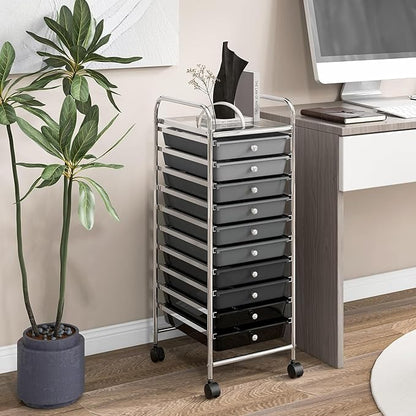 OFFICEJOY Storage Cart, Rolling Utility Cart with 10 Drawers, Portable Handles & Lockable Wheels, Mobile Paper Toys Storage Organizer Large Capacity for Home Office School Teacher (Gradient Black)