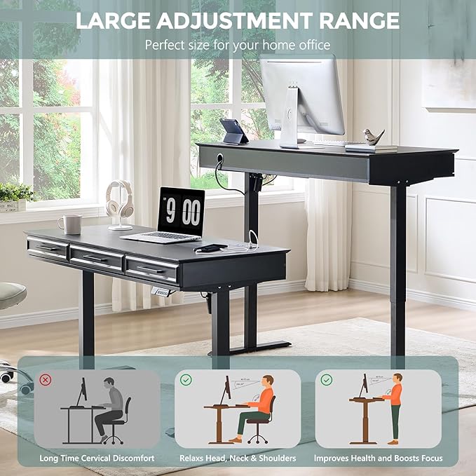 Electric Standing Desk with 3 Storage Drawers, 55x22 Inch Adjustable Height Office Computer Desk w/One-Piece Desktop & Power Outlets,Sit to Stand Up,Gaming Table for Home and Study, Black