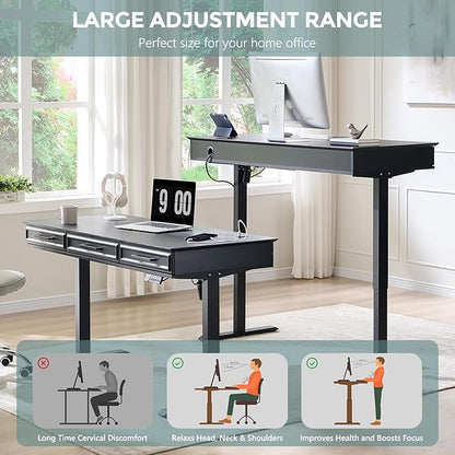 Electric Standing Desk with 3 Storage Drawers, 55x22 Inch Adjustable Height Office Computer Desk w/One-Piece Desktop & Power Outlets,Sit to Stand Up,Gaming Table for Home and Study, Black