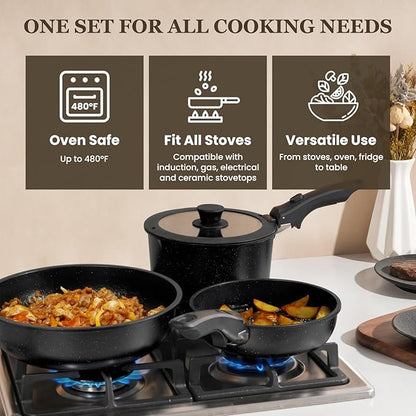 KIKCOIN 20 Pcs Pots and Pans Set Non Stick, Detachable Handle Cookware Sets Nonstick, Non Toxic Induction RV Kitchen Cooking Set with Removable Handles, Dishwasher/Oven Safe, Easy Clean (Black)